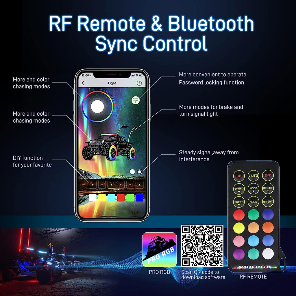 RF Remote+App Control  Dacning/Chasing Color Fat Strong LED Whip Lights for ATV/UTV/SXS