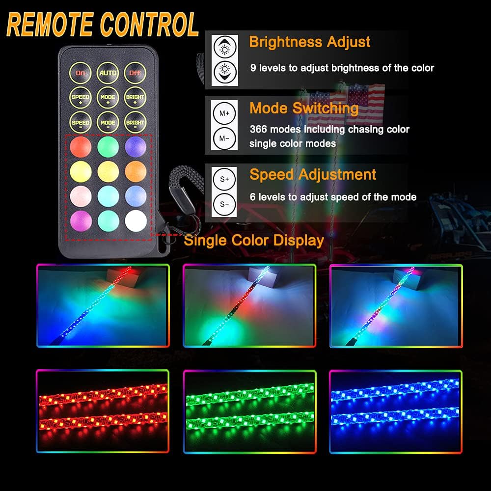 RF Remote Control Dancing/Chasing Color LED Whip Lights for Truck